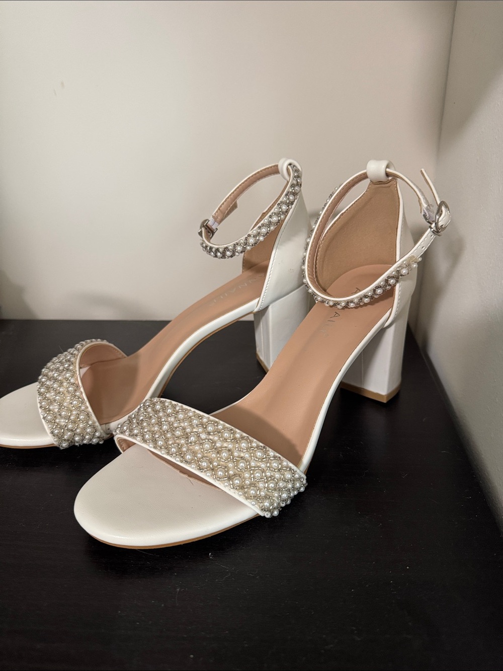 Pearl-Embellished White Block Heel Sandals - Women's